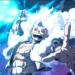 Gear 5 Luffy divine awakening with white cloud hair, glowing red eyes, blue lightning energy, powerful One Piece transformation, anime action wallpaper