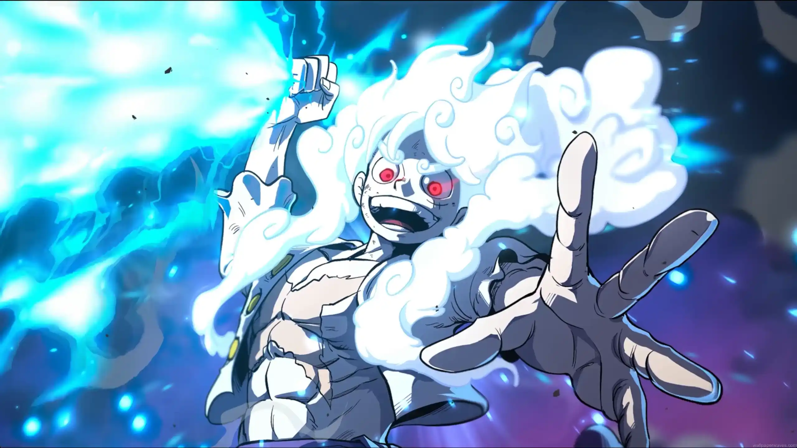 Gear 5 Luffy divine awakening with white cloud hair, glowing red eyes, blue lightning energy, powerful One Piece transformation, anime action wallpaper
