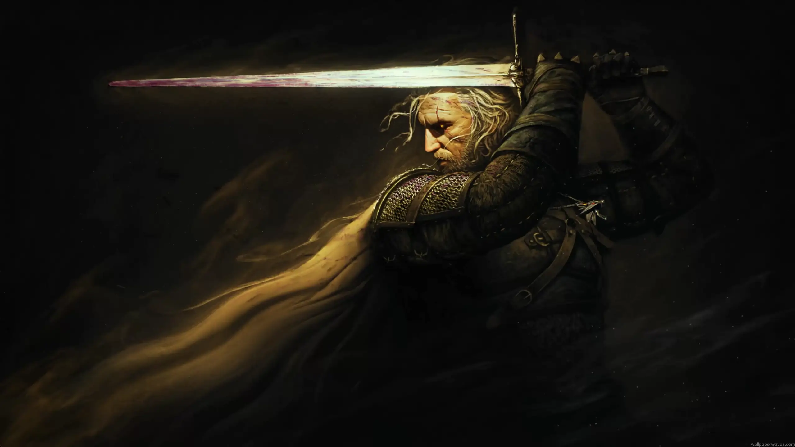 Geralt of Rivia Monster Hunter wallpaper, The Witcher White Wolf artwork, dark fantasy warrior scene, medieval monster slayer wallpaper, cinematic Geralt sword aesthetic