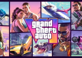 Official Grand Theft Auto VI poster featuring Vice City characters, luxury cars, boats, helicopters, wildlife, and the GTA 6 logo in GTA 6 Official Poster Live Wallpaper.