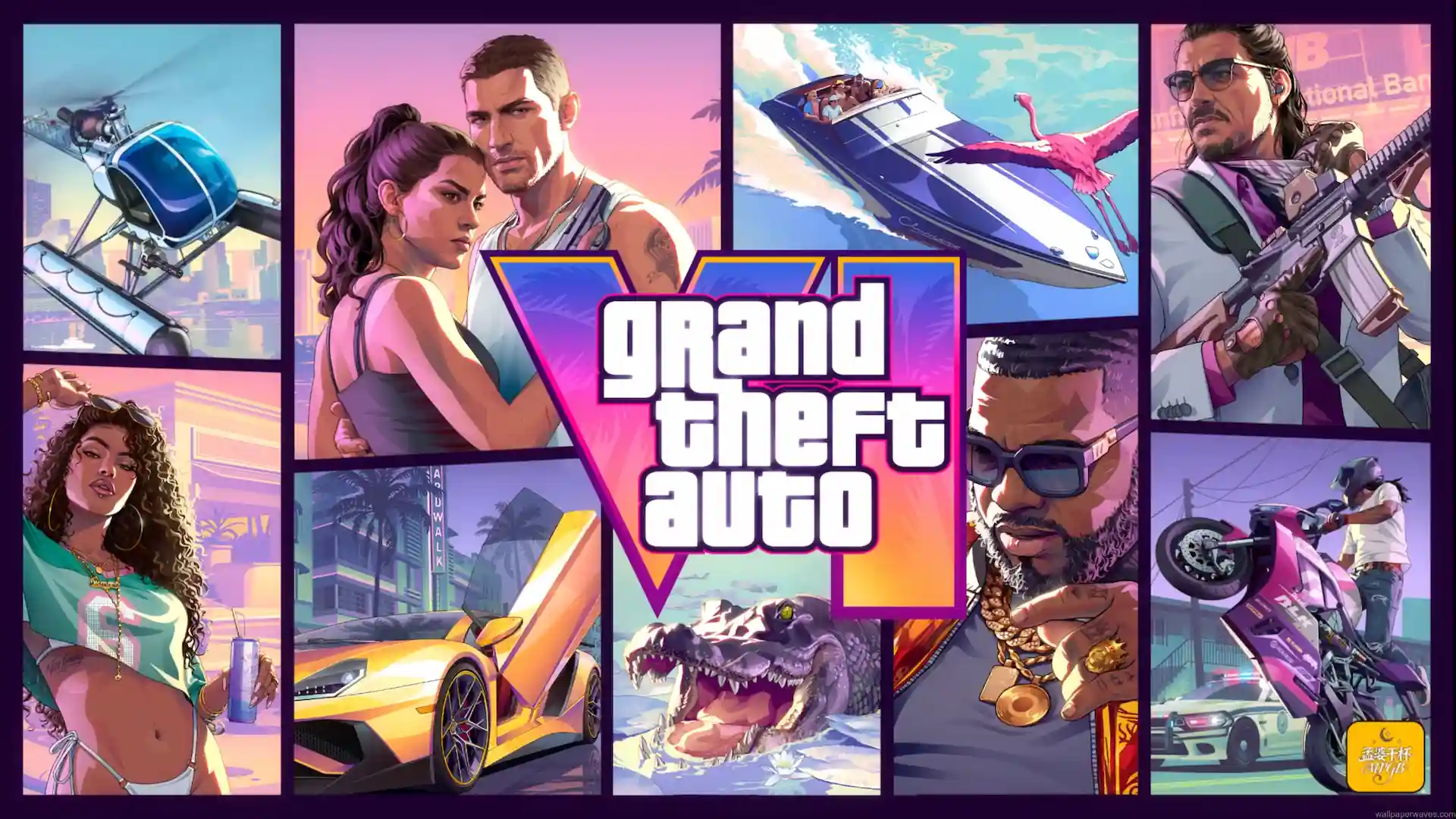 Official Grand Theft Auto VI poster featuring Vice City characters, luxury cars, boats, helicopters, wildlife, and the GTA 6 logo in GTA 6 Official Poster Live Wallpaper.