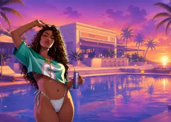 A stylish woman relaxing beside a luxury pool at sunset in Vice City in GTA 6 Vice City Cover Art Live Wallpaper.
