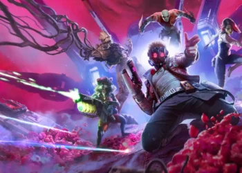 Star-Lord, Rocket, Groot, Drax, and Gamora battling alien enemies in a vibrant cosmic battlefield in Guardians of the Galaxy Cosmic Battle Live Wallpaper.