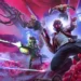 Star-Lord, Rocket, Groot, Drax, and Gamora battling alien enemies in a vibrant cosmic battlefield in Guardians of the Galaxy Cosmic Battle Live Wallpaper.