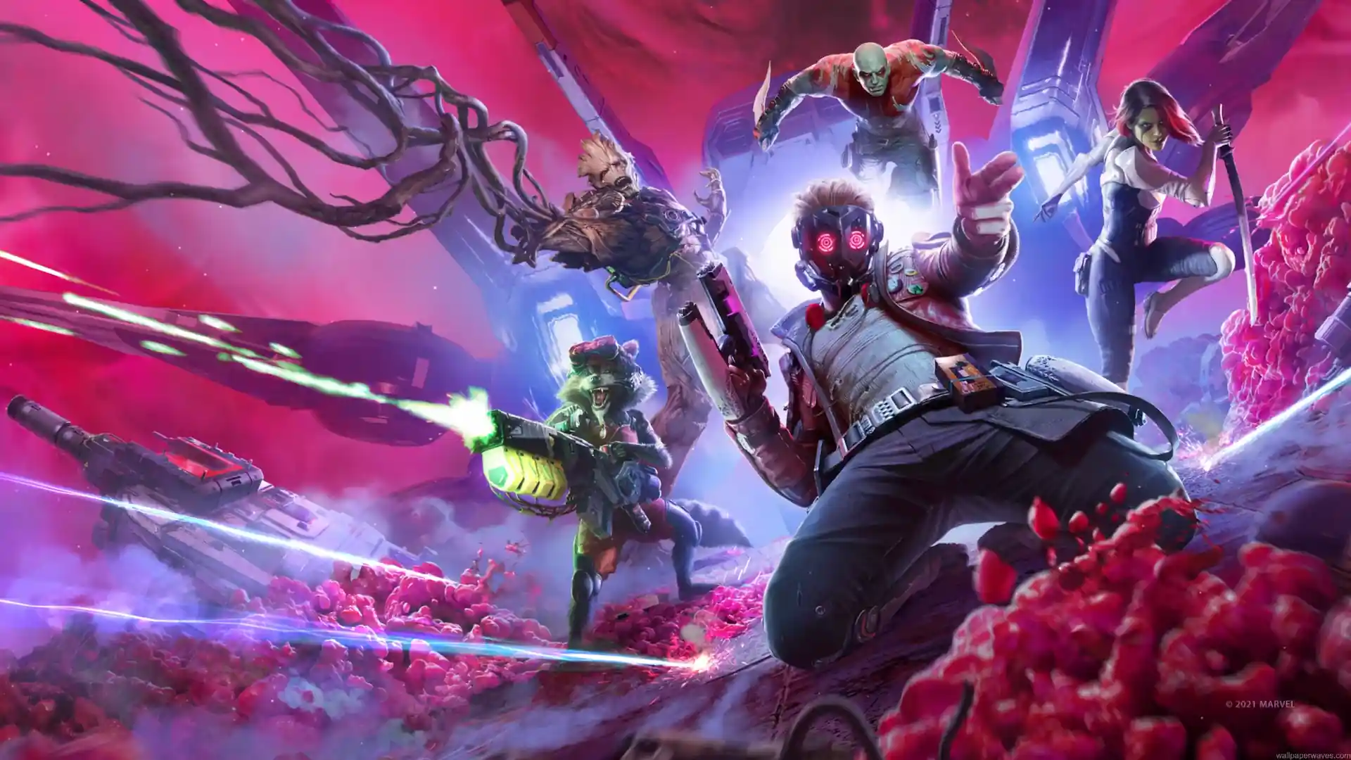 Star-Lord, Rocket, Groot, Drax, and Gamora battling alien enemies in a vibrant cosmic battlefield in Guardians of the Galaxy Cosmic Battle Live Wallpaper.