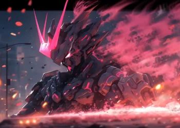 Futuristic Gundam war machine ascending through crimson energy, glowing pink visor, explosive battlefield debris, powerful mecha armor, sci-fi action wallpaper