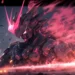 Futuristic Gundam war machine ascending through crimson energy, glowing pink visor, explosive battlefield debris, powerful mecha armor, sci-fi action wallpaper