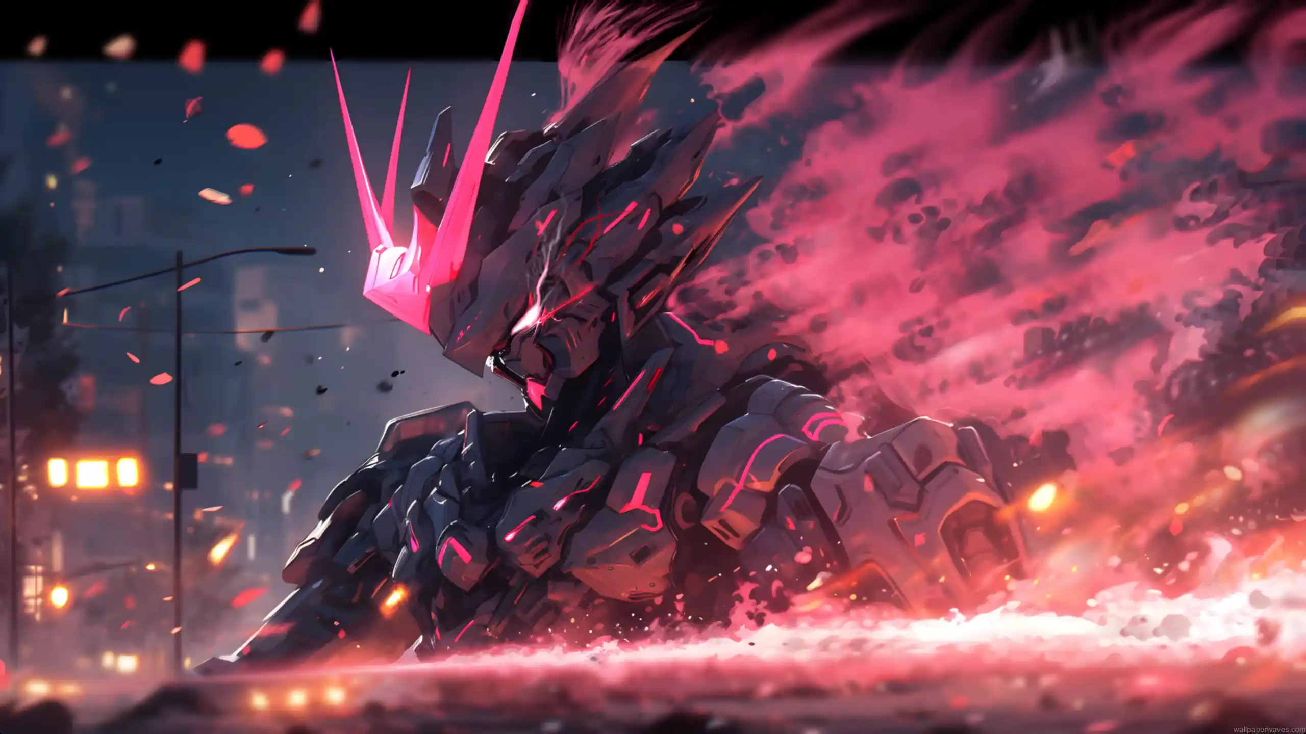 Futuristic Gundam war machine ascending through crimson energy, glowing pink visor, explosive battlefield debris, powerful mecha armor, sci-fi action wallpaper