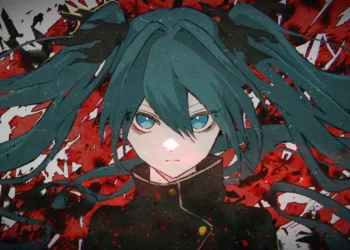 Hatsune Miku with flowing teal twin-tails against a shattered crimson abstract background in Hatsune Miku Shattered Reality Live Wallpaper.