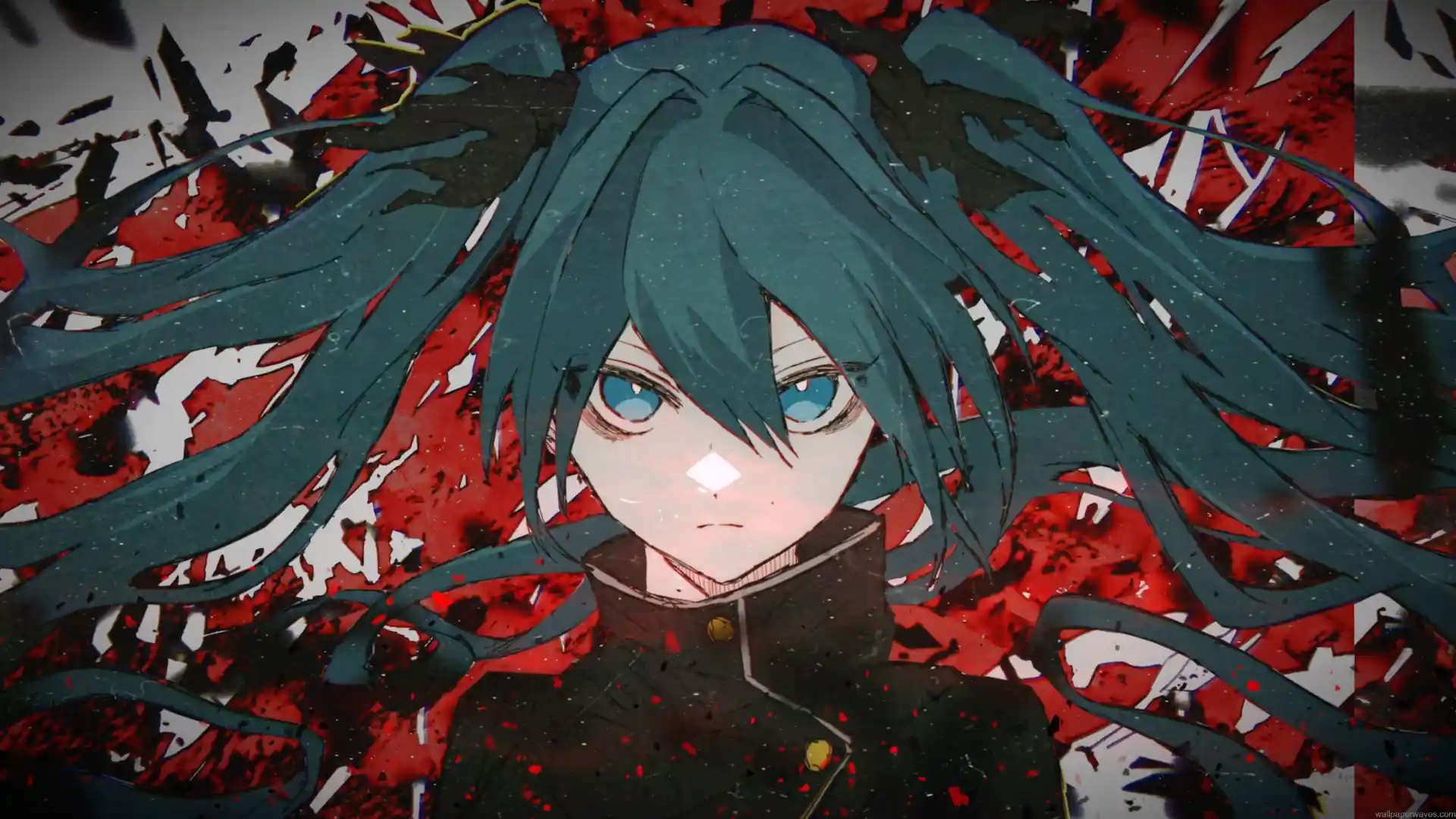Hatsune Miku with flowing teal twin-tails against a shattered crimson abstract background in Hatsune Miku Shattered Reality Live Wallpaper.