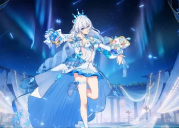 Kiana Kaslana in an elegant blue winter outfit beneath glowing aurora lights and a starry night sky in Honkai Impact Kiana Kaslana Live Wallpaper.
