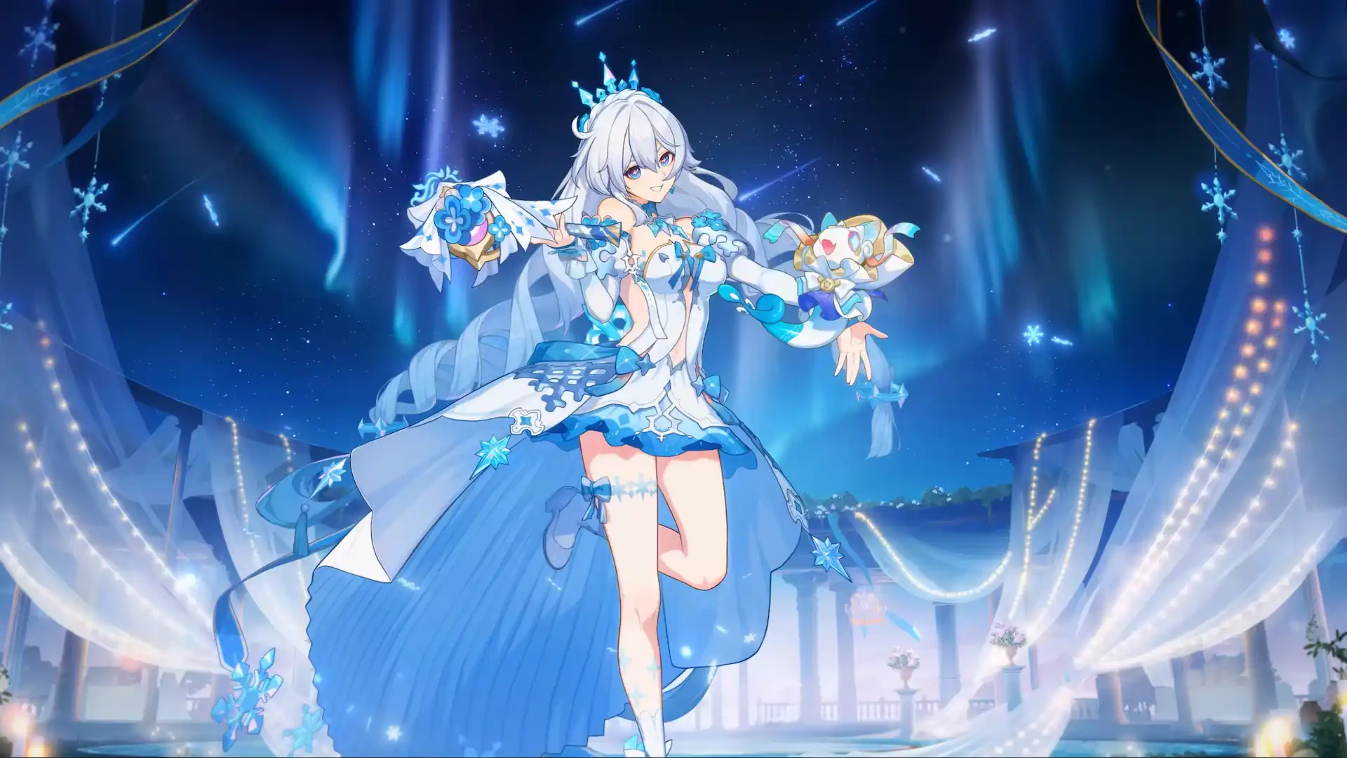 Kiana Kaslana in an elegant blue winter outfit beneath glowing aurora lights and a starry night sky in Honkai Impact Kiana Kaslana Live Wallpaper.