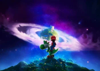 Mario and Yoshi overlooking a glowing galaxy vortex, colorful cosmic sky, distant fantasy planet, magical Nintendo adventure scenery, cinematic space wallpaper