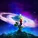 Mario and Yoshi overlooking a glowing galaxy vortex, colorful cosmic sky, distant fantasy planet, magical Nintendo adventure scenery, cinematic space wallpaper