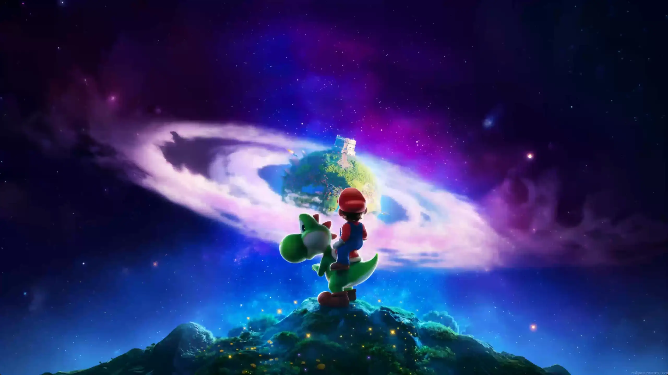 Mario and Yoshi overlooking a glowing galaxy vortex, colorful cosmic sky, distant fantasy planet, magical Nintendo adventure scenery, cinematic space wallpaper