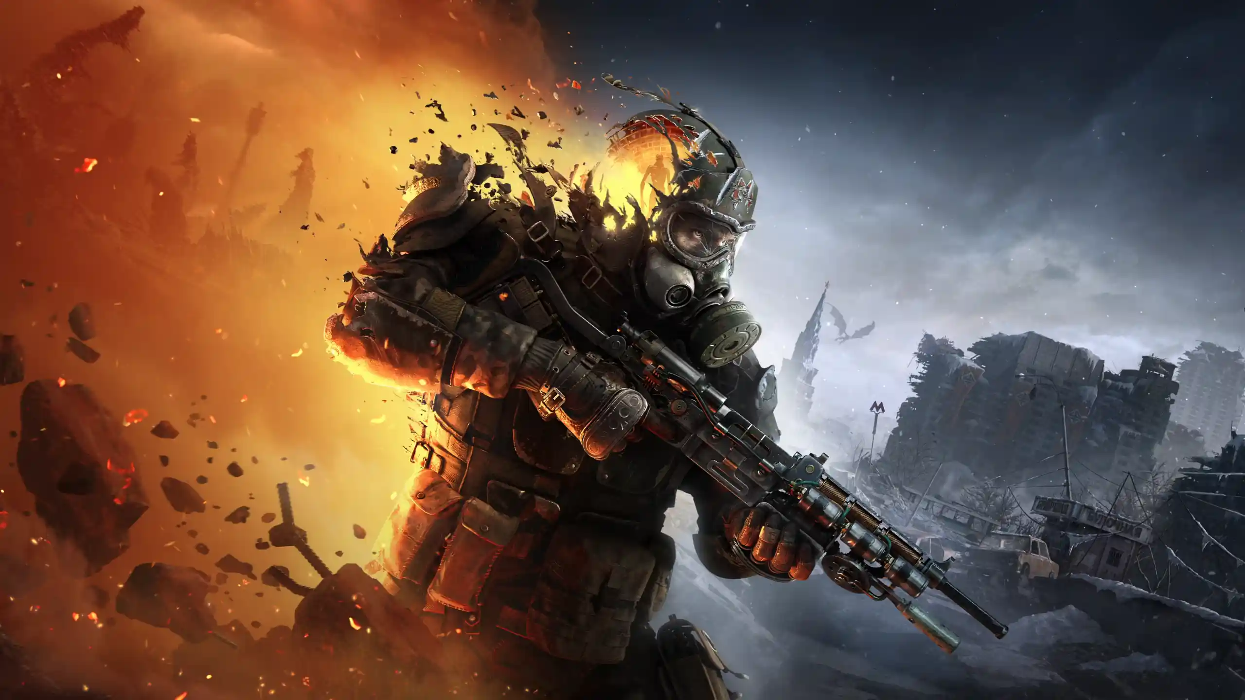 Metro 2039 wasteland survivor with gas mask and sniper rifle, fiery explosion, frozen post-apocalyptic city ruins, cinematic destruction, survival action wallpaper