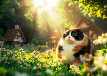 Minecraft Village Cat Meadow Live Wallpaper 2 Adorable Minecraft village cat sitting in a flower-filled meadow with cozy cottages and golden sunlight streaming through a forest wallpaper