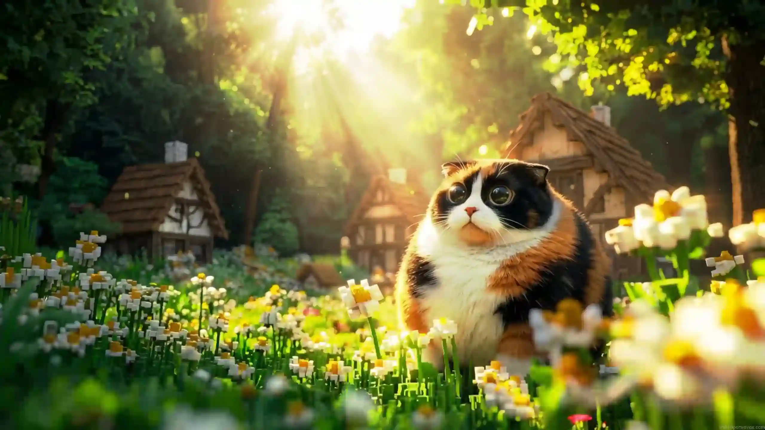 Adorable Minecraft village cat sitting in a flower-filled meadow with cozy cottages and golden sunlight streaming through a forest wallpaper