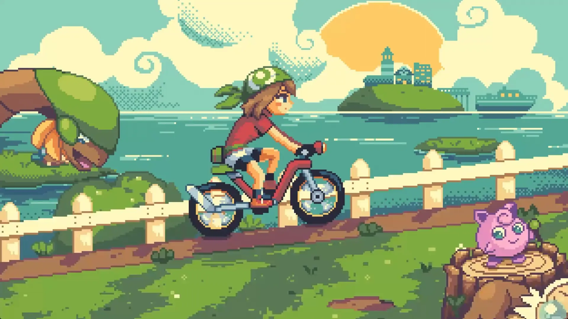Pokemon Emerald May Cycling Adventure wallpaper, Pokémon Emerald pixel art, May Pokémon trainer wallpaper, retro Pokémon aesthetic, Hoenn region cycling adventure