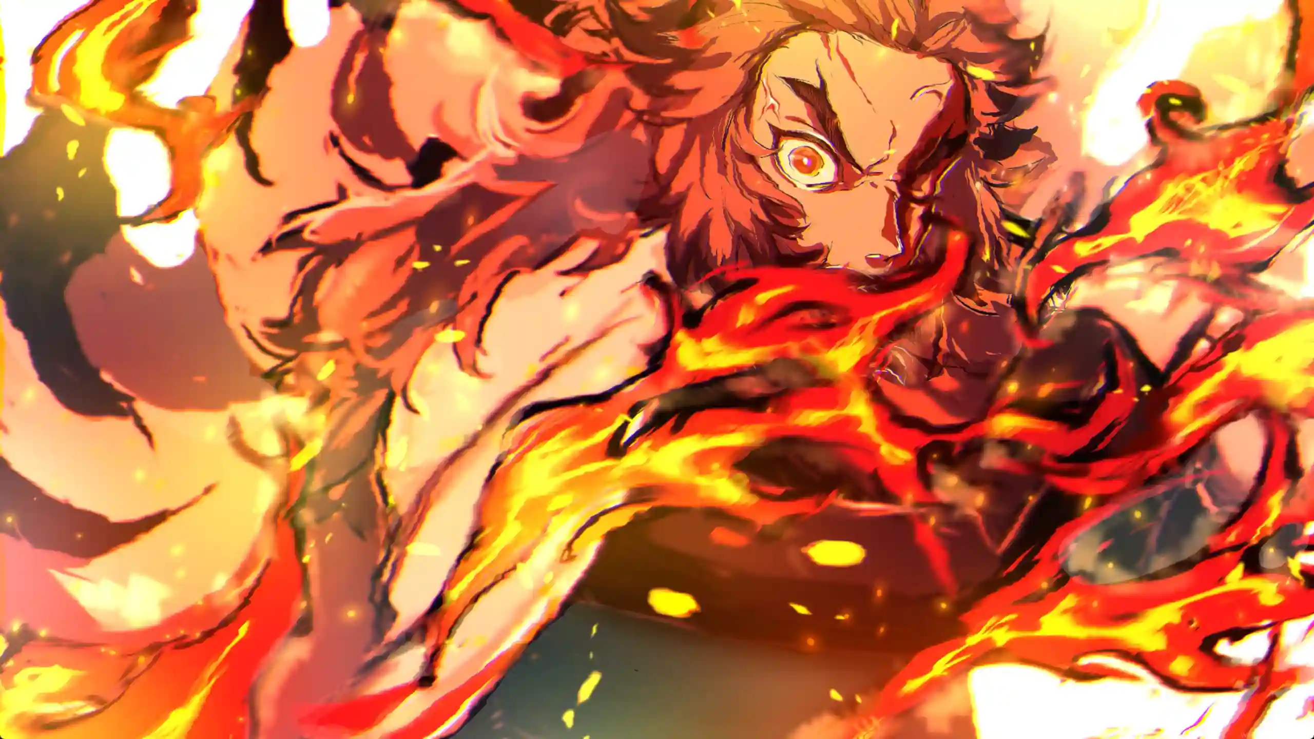 Kyojuro Rengoku Flame Breathing Ninth Form wallpaper, Demon Slayer fire Hashira artwork, blazing anime battle scene, powerful Kimetsu no Yaiba character wallpaper, fiery anime aesthetic