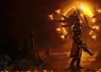 Saros Celestial Dominion Live Wallpaper 2 Saros standing before a celestial multi-armed entity during a blazing eclipse, futuristic armor, cosmic energy spheres, fiery sci-fi landscape, divine dominion fantasy wallpaper