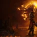 Saros standing before a celestial multi-armed entity during a blazing eclipse, futuristic armor, cosmic energy spheres, fiery sci-fi landscape, divine dominion fantasy wallpaper