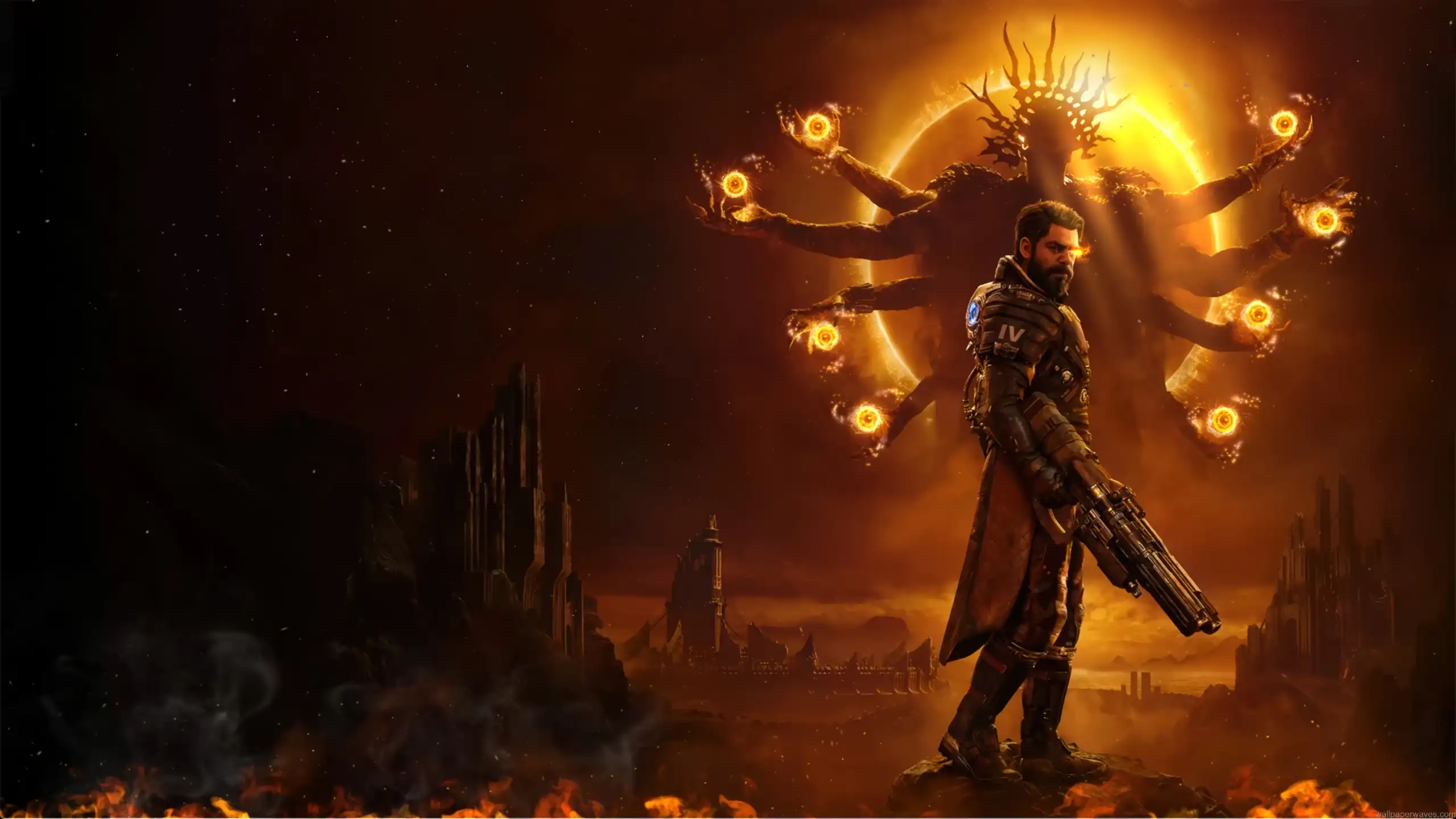 Saros standing before a celestial multi-armed entity during a blazing eclipse, futuristic armor, cosmic energy spheres, fiery sci-fi landscape, divine dominion fantasy wallpaper