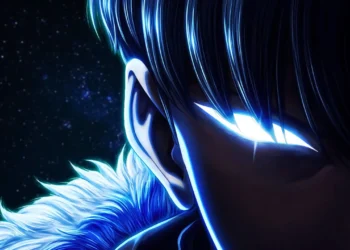 Sung Jin-Woo Glowing Eyes Live Wallpaper 3 Close-up of Sung Jin-Woo with glowing blue eyes and dark shadow aura from Solo Leveling against a cosmic night background wallpaper