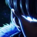 Sung Jin-Woo Glowing Eyes Live Wallpaper 10 Close-up of Sung Jin-Woo with glowing blue eyes and dark shadow aura from Solo Leveling against a cosmic night background wallpaper