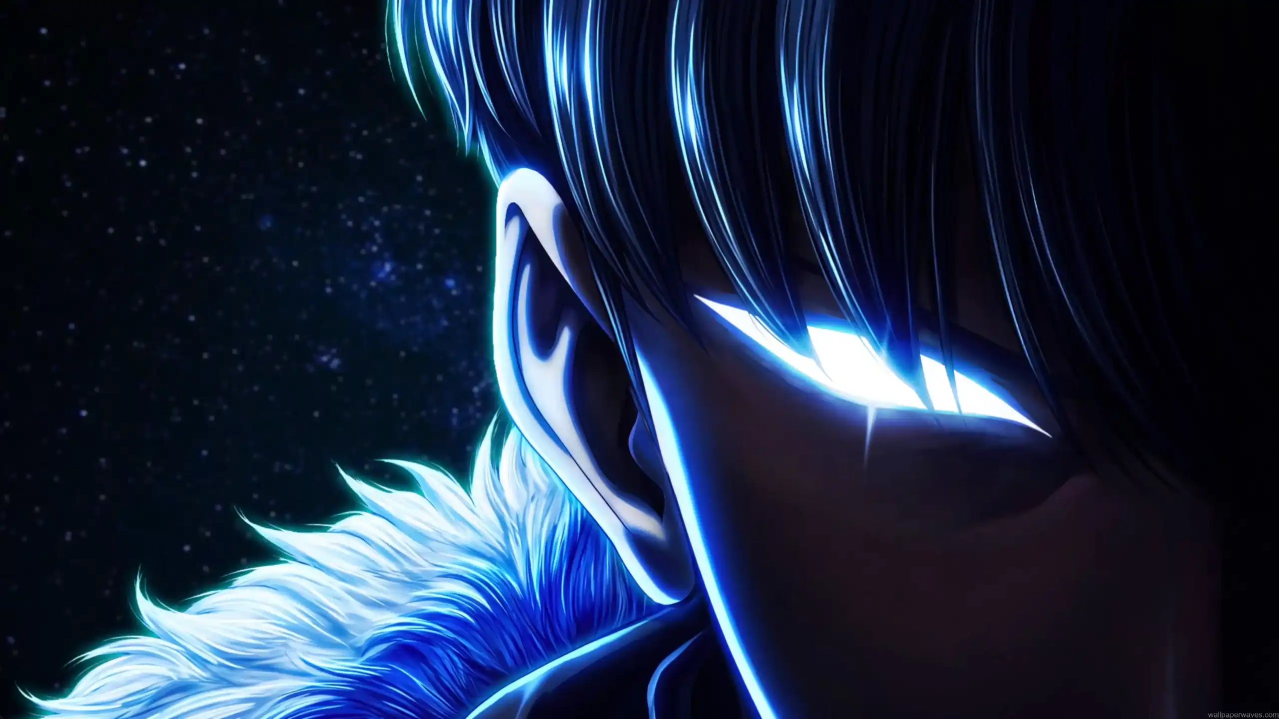 Close-up of Sung Jin-Woo with glowing blue eyes and dark shadow aura from Solo Leveling against a cosmic night background wallpaper
