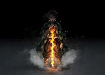 Tanjiro Kamado holding a flame-covered katana surrounded by smoke and glowing embers in Tanjiro Flame Breathing Aura Live Wallpaper.