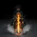 Tanjiro Kamado holding a flame-covered katana surrounded by smoke and glowing embers in Tanjiro Flame Breathing Aura Live Wallpaper.