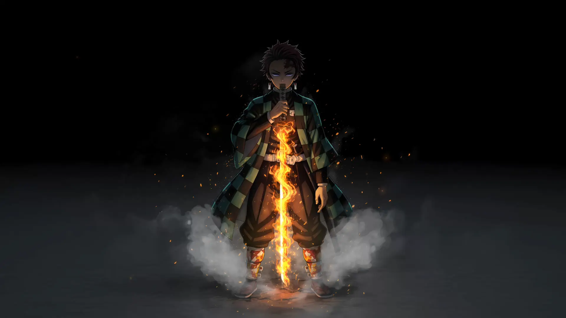 Tanjiro Kamado holding a flame-covered katana surrounded by smoke and glowing embers in Tanjiro Flame Breathing Aura Live Wallpaper.