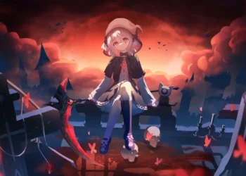 Tezcatlipoca Yog-Sothoths Yard Live Wallpaper 1 Chibi Tezcatlipoca from Yog-Sothoth’s Yard sitting in a gothic graveyard with a crimson scythe, glowing sunset sky, butterflies, and dark fantasy atmosphere wallpaper