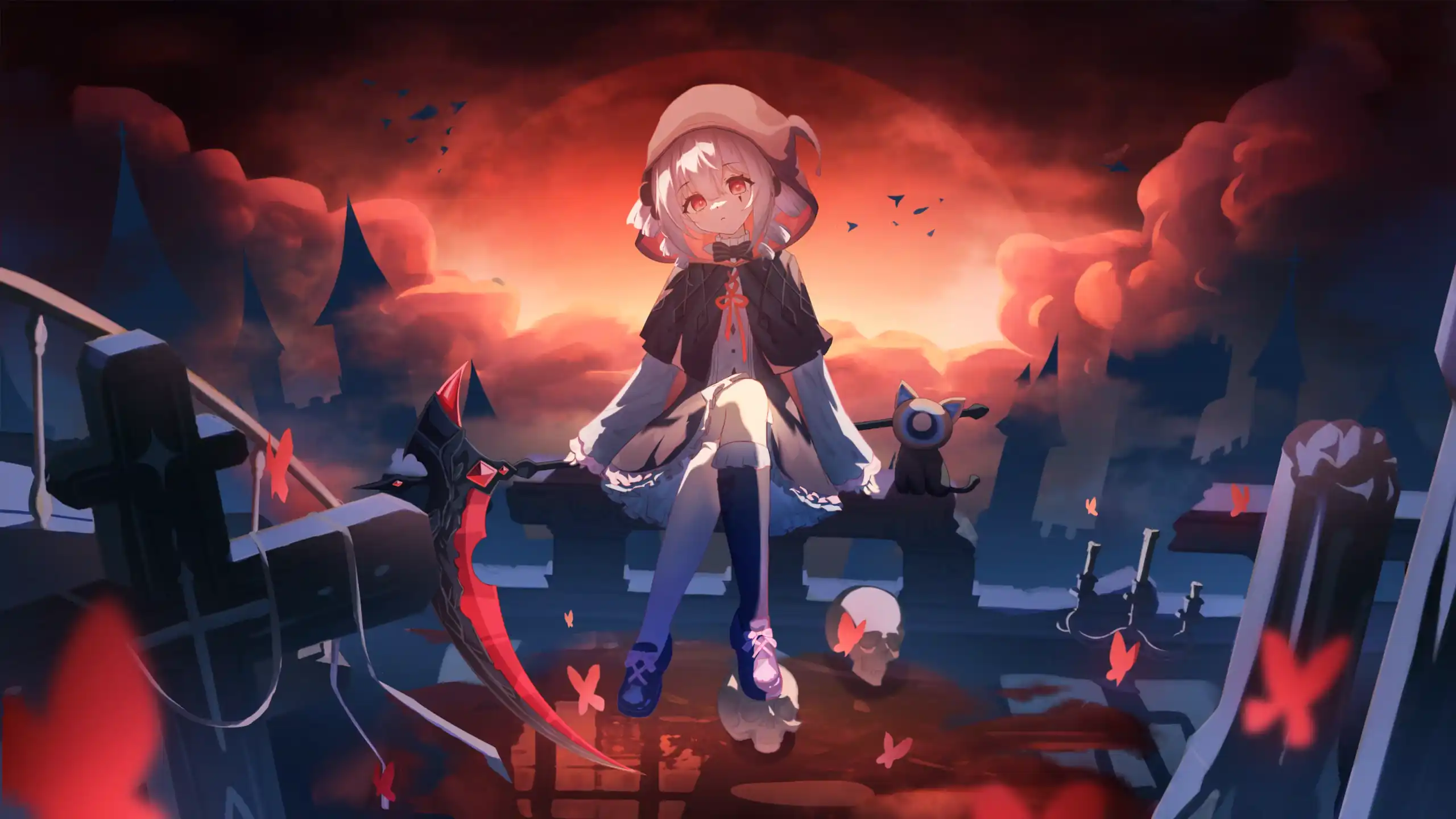 Chibi Tezcatlipoca from Yog-Sothoth’s Yard sitting in a gothic graveyard with a crimson scythe, glowing sunset sky, butterflies, and dark fantasy atmosphere wallpaper