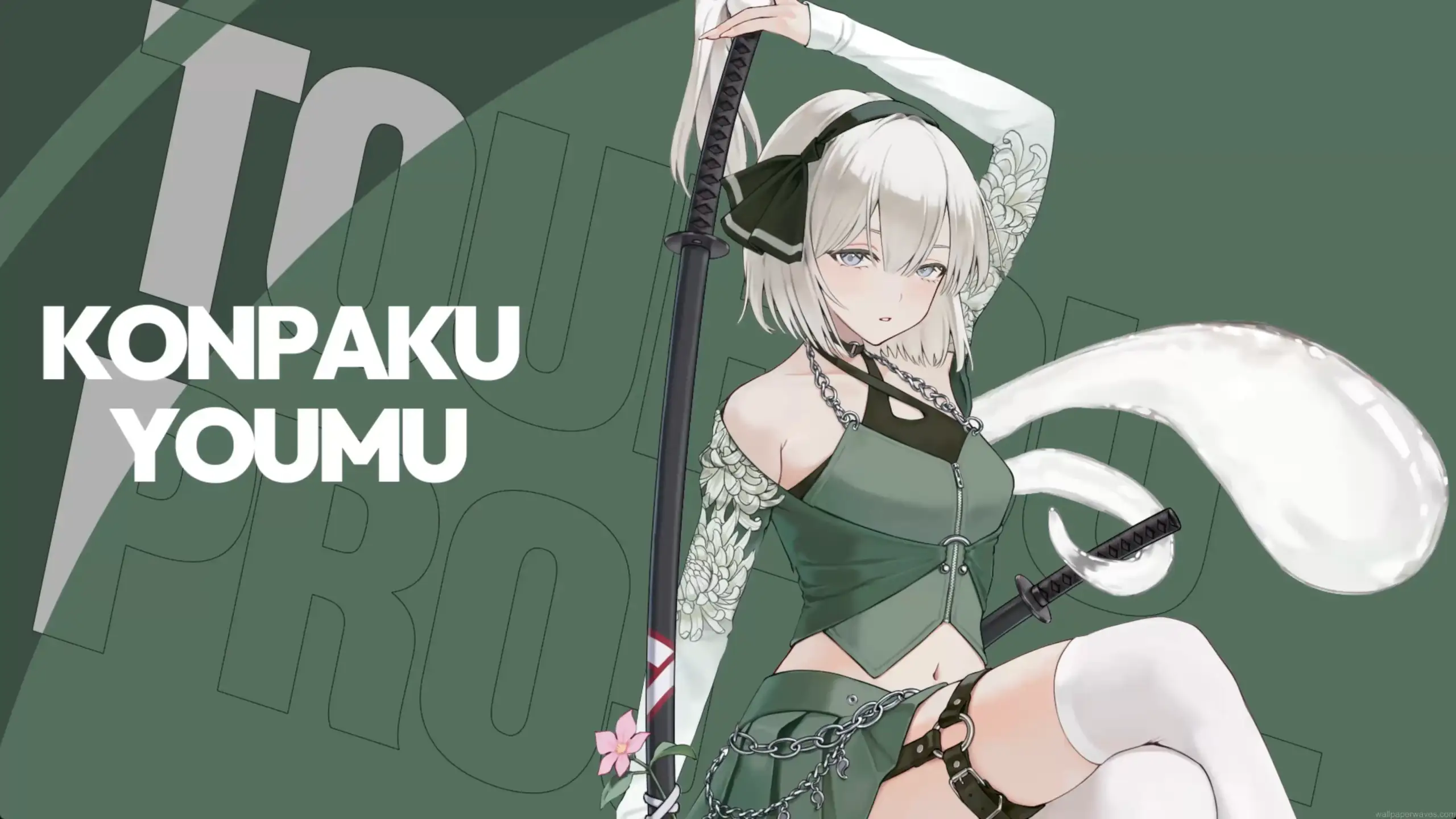 Youmu Konpaku Phantom Blade wallpaper, Touhou Project Youmu artwork, anime swordmaster character, ghost companion fantasy wallpaper, elegant Touhou anime aesthetic