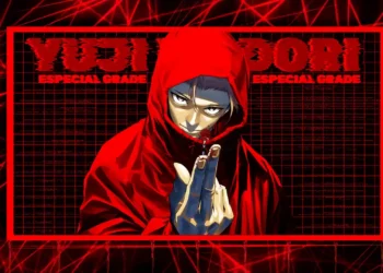 Yuji Itadori wearing a red hood against a glitch-inspired crimson background with special-grade aesthetic in Yuji Itadori Red Aesthetic Live Wallpaper.
