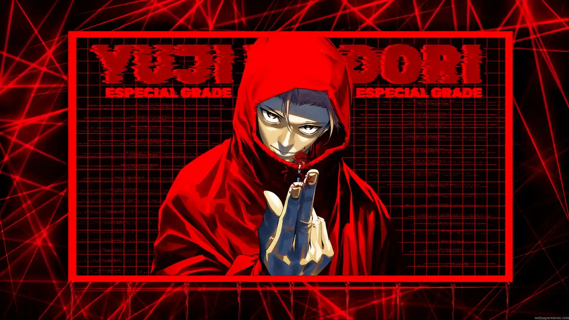 Yuji Itadori wearing a red hood against a glitch-inspired crimson background with special-grade aesthetic in Yuji Itadori Red Aesthetic Live Wallpaper.