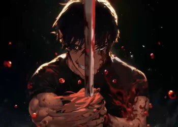 Toji Fushiguro and Maki Zenin wallpaper, Jujutsu Kaisen Zenin legacy, blood stained sword anime artwork, dark anime warrior scene, powerful JJK character wallpaper