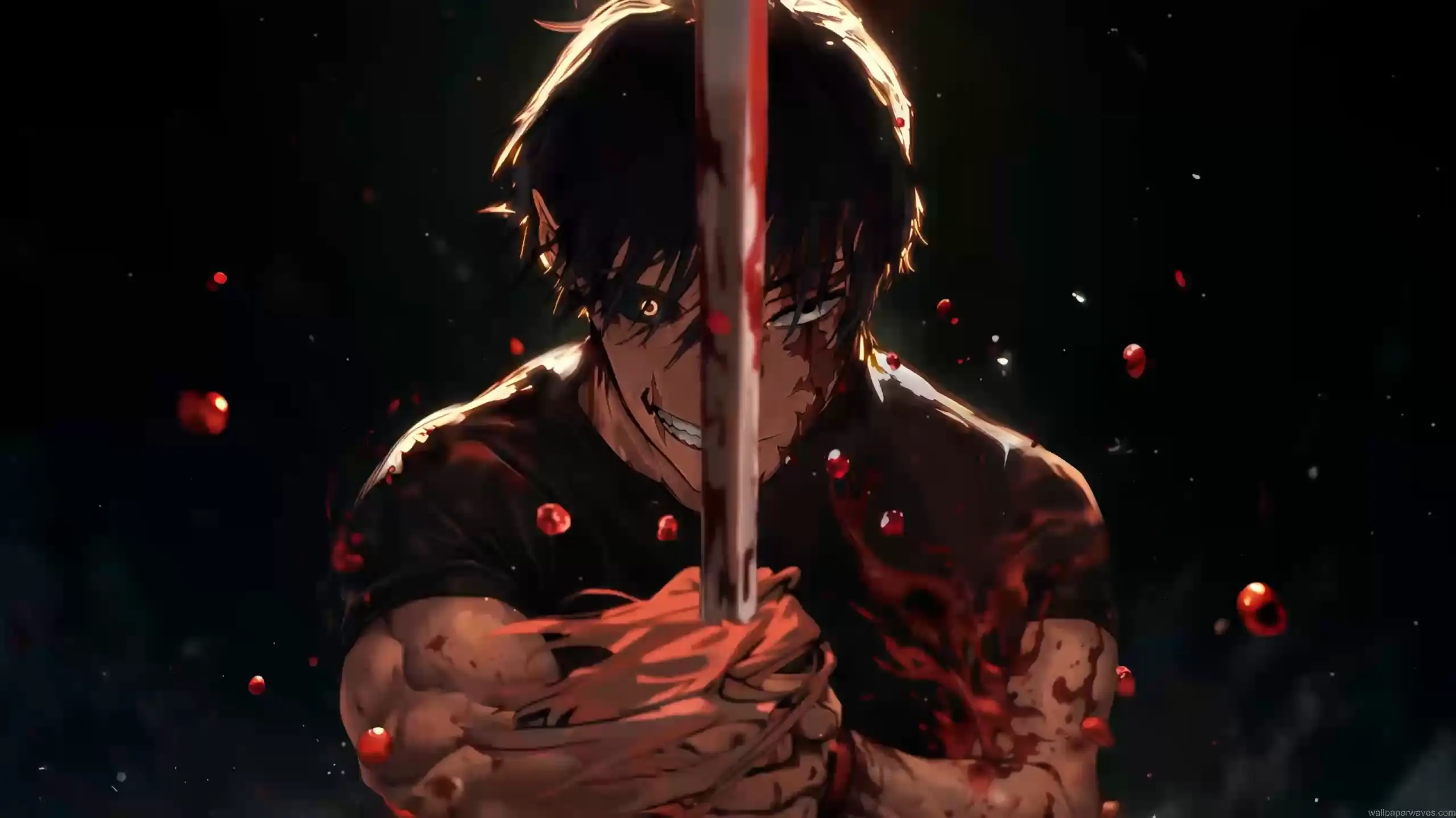 Toji Fushiguro and Maki Zenin wallpaper, Jujutsu Kaisen Zenin legacy, blood stained sword anime artwork, dark anime warrior scene, powerful JJK character wallpaper