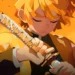 Zenitsu Agatsuma preparing Thunder Breathing with a lightning-charged katana against a glowing sunset background from Demon Slayer wallpaper