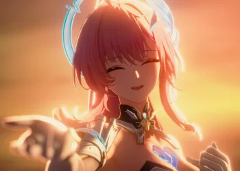 Aemeath Wuthering Waves Live Wallpaper 1 Aemeath smiling in the golden sunset with glowing pink hair and elegant futuristic attire from Wuthering Waves Live Wallpaper.