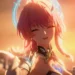 Aemeath smiling in the golden sunset with glowing pink hair and elegant futuristic attire from Wuthering Waves Live Wallpaper.