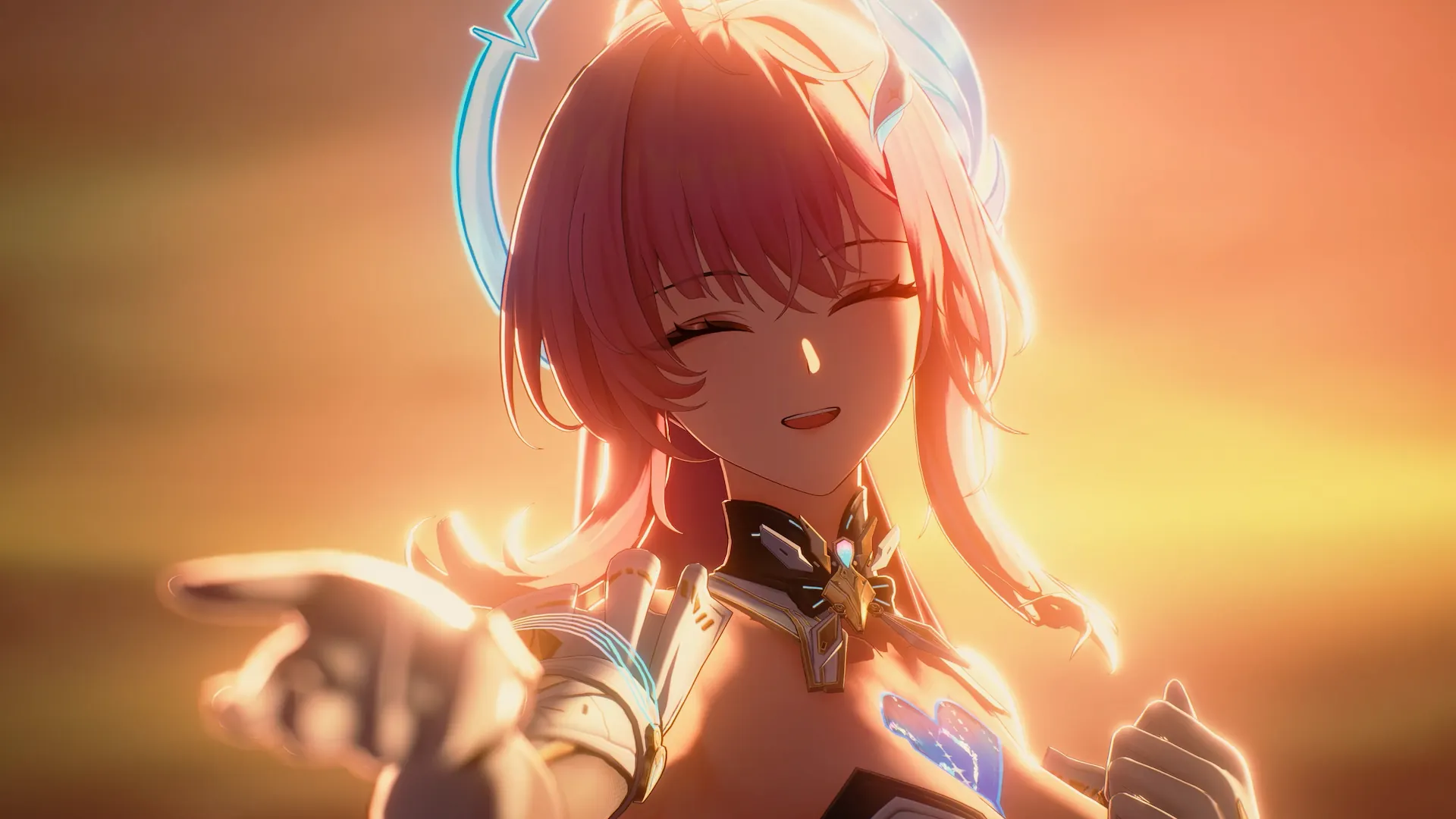 Aemeath smiling in the golden sunset with glowing pink hair and elegant futuristic attire from Wuthering Waves Live Wallpaper.
