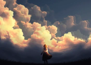 Anime Girl Watching Golden Clouds Live Wallpaper 5 Anime girl standing beneath glowing golden sunset clouds in a peaceful fantasy sky live wallpaper.