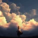 Anime girl standing beneath glowing golden sunset clouds in a peaceful fantasy sky live wallpaper.