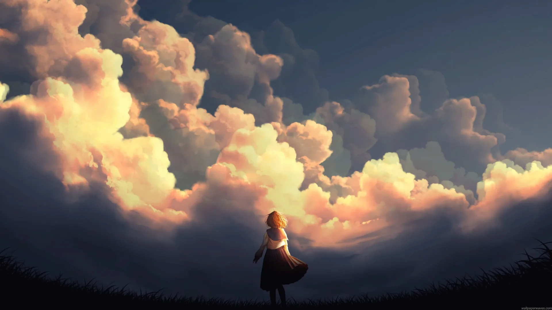 Anime girl standing beneath glowing golden sunset clouds in a peaceful fantasy sky live wallpaper.