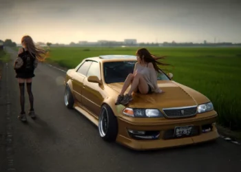 Anime Girls with JDM Sedan Live Wallpaper 1 Anime girls relaxing with a lowered golden JDM sedan on a peaceful countryside road at sunset live wallpaper.
