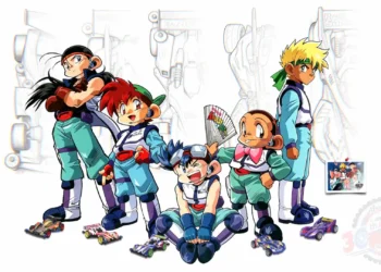 Bakusou Kyoudai Let's & Go!! Live Wallpaper 3 Bakusou Kyoudai Let's & Go!! characters standing with their iconic Mini 4WD race cars in a nostalgic anime live wallpaper.