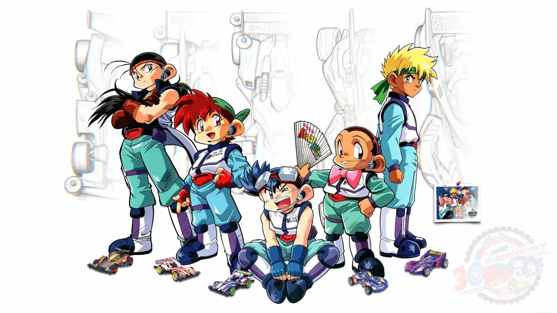 Bakusou Kyoudai Let's & Go!! characters standing with their iconic Mini 4WD race cars in a nostalgic anime live wallpaper.